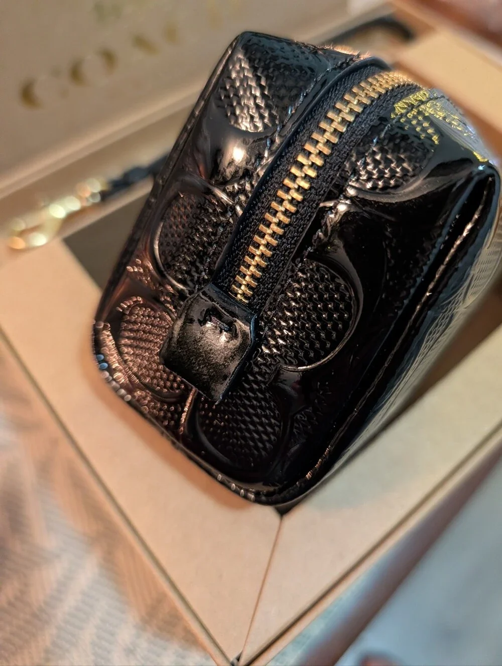 Coach Boxed Essential Mini Cosmetic Pouch Wristlet in Black pearlized patent
